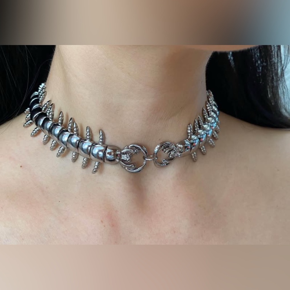 Unisex Silver large double centipede punk chunky choker necklace for women men